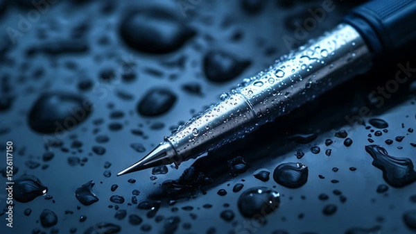 Fototapeta Close up of metallic pen resting on wet surface, showcasing droplets of water on both pen and background. scene conveys sense of calm and sophistication