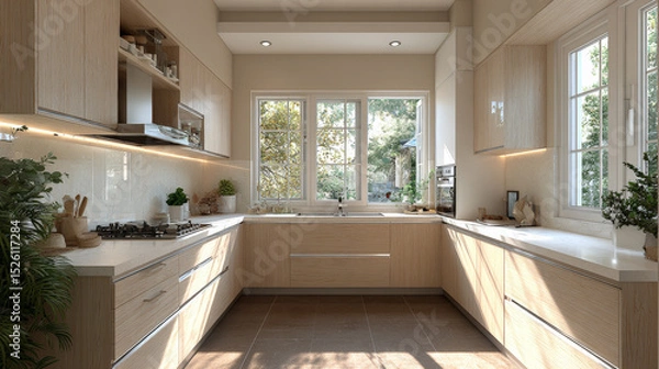 Fototapeta A stylish U-shaped open-plan kitchen featuring light wood cabinetry with a matte finish and a harmonious, minimalist layout. Generative AI