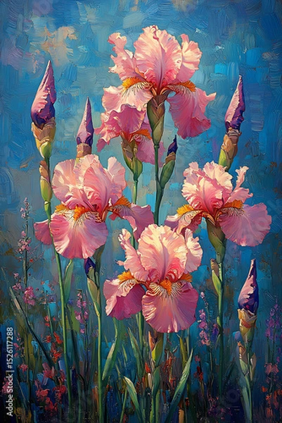 Fototapeta Pink irises bloom vibrantly against blue sky, showcasing their delicate petals and lush green stems. This artwork captures beauty and elegance of nature, evoking sense of tranquility and joy