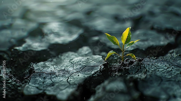 Fototapeta Vibrant green sprout emerges from cracked, dry soil, symbolizing resilience and hope harsh environment. delicate leaves glisten with moisture, showcasing nature ability to thrive despite adversity