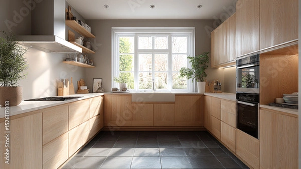 Fototapeta A stylish U-shaped open-plan kitchen featuring light wood cabinetry with a matte finish and a harmonious, minimalist layout. Generative AI