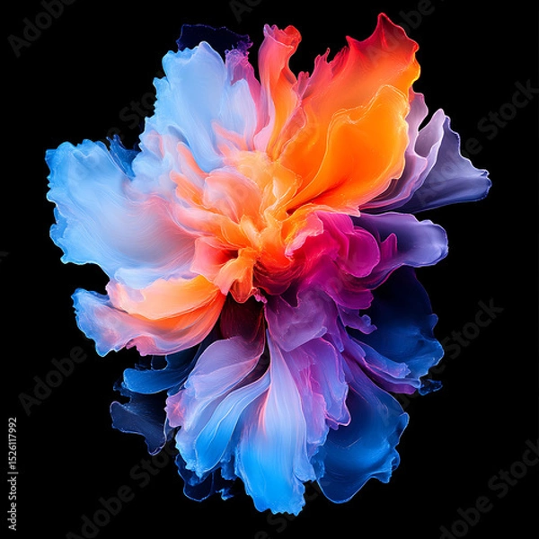 Fototapeta Vibrant and colorful abstract flower design featuring swirling petals in shades of blue, orange, and pink against black background, evoking sense of beauty and creativity