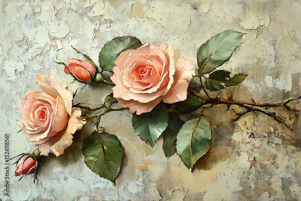 Fototapeta Beautiful pink roses with delicate petals and lush green leaves are depicted against textured, muted background, creating vintage floral still life that evokes sense of elegance and nostalgia