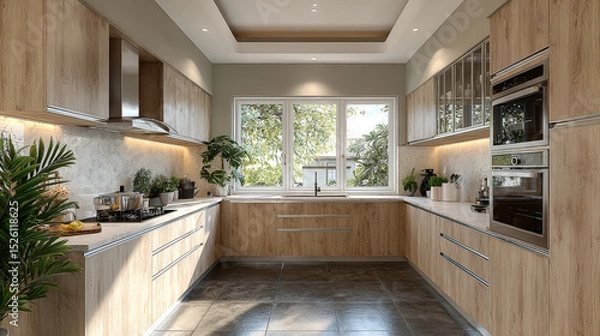 Fototapeta A stylish U-shaped open-plan kitchen featuring light wood cabinetry with a matte finish and a harmonious, minimalist layout. Generative AI