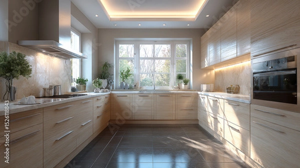 Fototapeta A stylish U-shaped open-plan kitchen featuring light wood cabinetry with a matte finish and a harmonious, minimalist layout. Generative AI