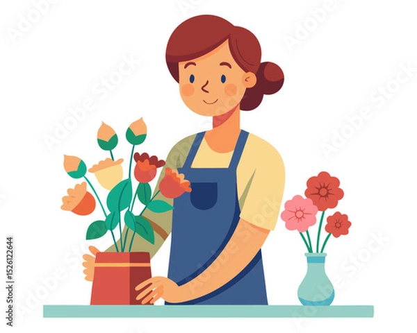 Fototapeta vector of a florist with apron arranging flowers in vase or bouquet, smiling, white background
