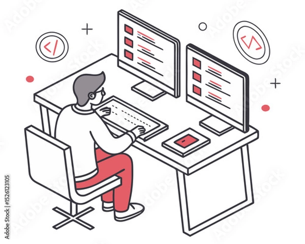 Fototapeta vector of a programmer sitting at desk with dual monitors, coding symbols around, clean style on white background
