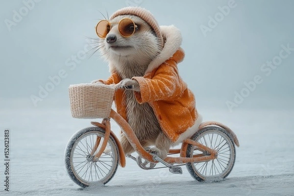 Fototapeta A stylish meerkat in compact biking outfit racing in snow on solid white background, teamwork vibe, frosty speed challenge.
