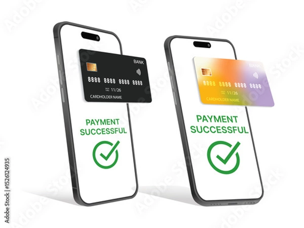 Fototapeta 3D Vector Realistic Smartphone with Credit Card, NFC Contactless Payment, Payment Successful, Online Shopping, POS Terminal Mockup