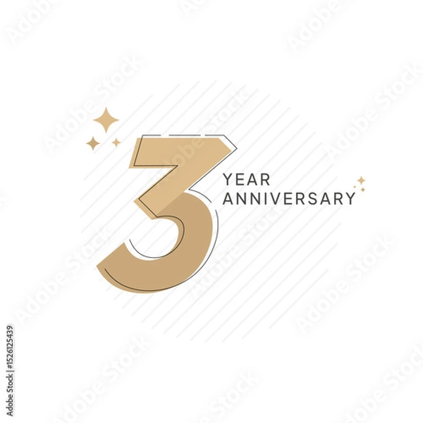Obraz Modern and elegant 3rd anniversary celebration design featuring clean gold typography with sparkling stars and subtle diagonal background lines. Perfect for branding, invitation, or business milestone
