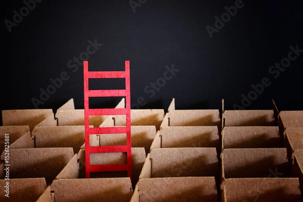 Fototapeta A ladder standing out from a closed labyrinth, marking the way up