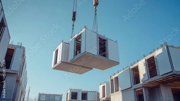 Obraz Modern construction site showcasing modular construction with a clear blue sky