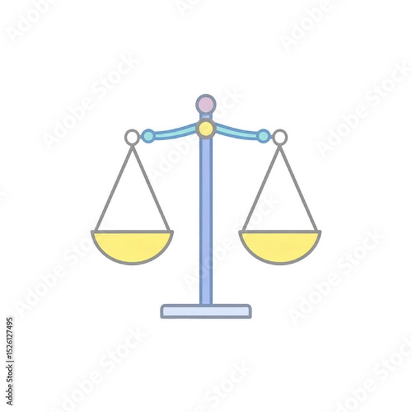 Fototapeta A simple illustration of a balanced scale with yellow pans and a blue stand, symbolizing fairness, justice, or balance on a white background