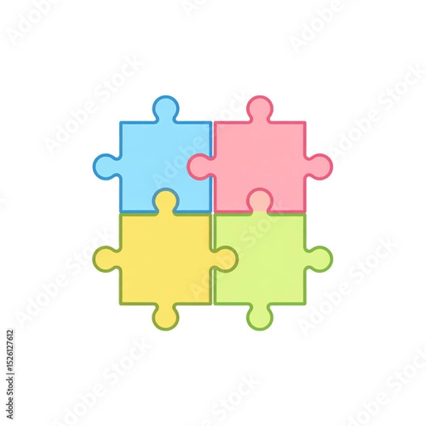 Fototapeta Four colorful interlocking puzzle pieces in blue, pink, yellow, and green arranged in a square on a white background