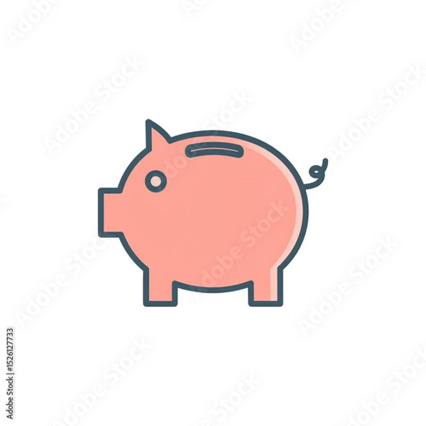 Fototapeta Simple pink piggy bank icon with a coin slot on its back, outlined in dark gray, set against a white background