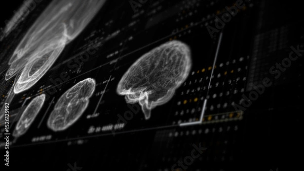 Fototapeta Futuristic biomedical concept featuring advanced holographic scanning technology performing detailed brain neuron pathology and diagnostic analysis. High-tech medical visualizing neural network