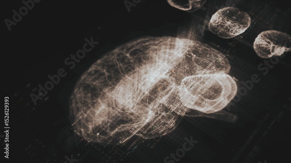 Fototapeta Futuristic biomedical concept featuring advanced holographic scanning technology performing detailed brain neuron pathology and diagnostic analysis. High-tech medical visualizing neural network