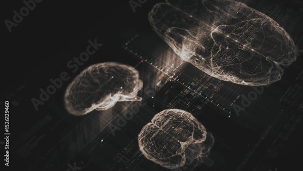 Fototapeta Futuristic biomedical concept featuring advanced holographic scanning technology performing detailed brain neuron pathology and diagnostic analysis. High-tech medical visualizing neural network