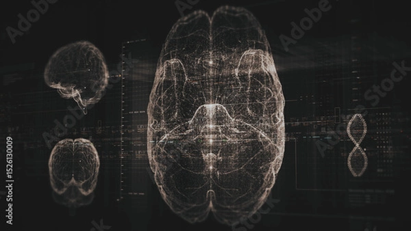 Fototapeta Futuristic biomedical concept featuring advanced holographic scanning technology performing detailed brain neuron pathology and diagnostic analysis. High-tech medical visualizing neural network