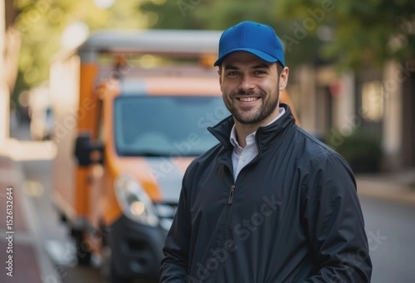 Obraz Smiling delivery driver wearing a cap, ready for work on the street