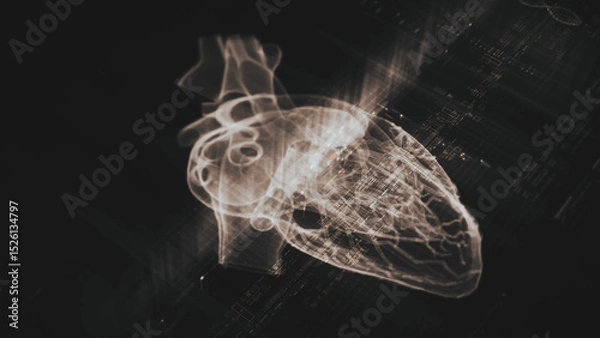 Fototapeta Futuristic biomedical concept with advanced holographic scanning and HUD analyzing a patient’s heart using 3D holograms, AR, and real-time medical imaging for cardiac diagnostics