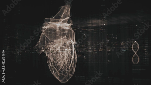 Fototapeta Futuristic biomedical concept with advanced holographic scanning and HUD analyzing a patient’s heart using 3D holograms, AR, and real-time medical imaging for cardiac diagnostics