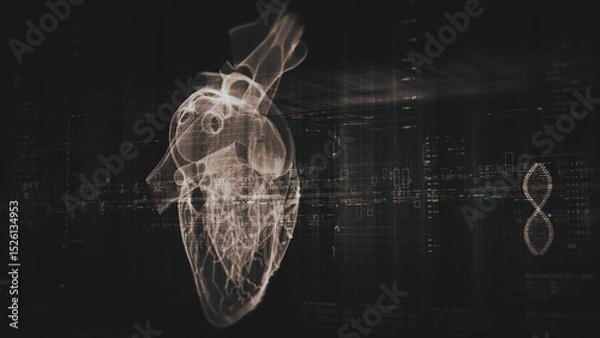 Fototapeta Futuristic biomedical concept with advanced holographic scanning and HUD analyzing a patient’s heart using 3D holograms, AR, and real-time medical imaging for cardiac diagnostics