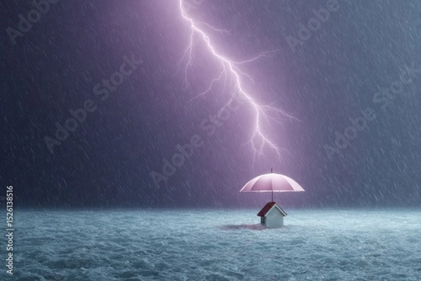 Fototapeta Flood Protection Concept with Miniature House Under Umbrella in Heavy Rainstorm and Lightning - Property Insurance and Risk Management Visual