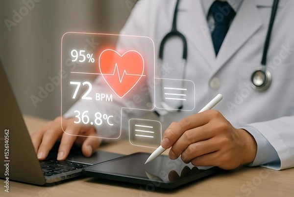 Fototapeta Doctor using digital tablet for patient health monitoring and medical data analysis online consultation