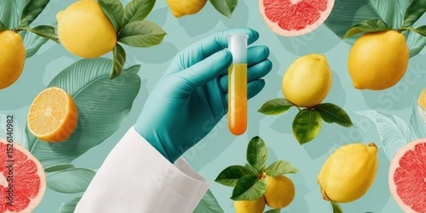 Fototapeta Medical Professional Holding Blood Sample Vial in Gloved Hand with Citrus Fruit Background for Community Health and Citizen Science Research