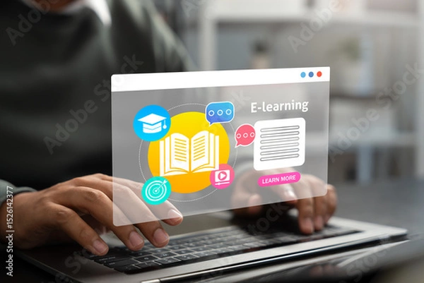 Fototapeta Person engages in E-learning using laptop with educational icons, representing digital education,virtual classroom,Modern distance learning powered by online platforms and interactive technology tools