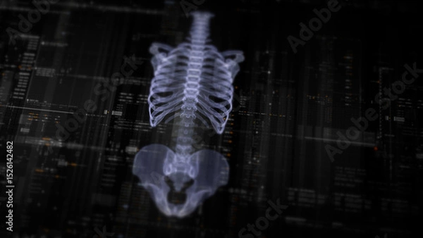 Fototapeta Futuristic biomedical concept with advanced holographic scanning and HUD diagnosing spinal disc herniation using 3D holograms of a patient’s backbone, AR, and real-time medical imaging