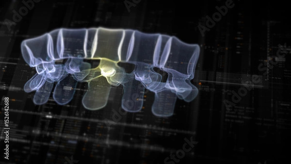 Fototapeta Futuristic biomedical concept with advanced holographic scanning and HUD diagnosing spinal disc herniation using 3D holograms of a patient’s backbone, AR, and real-time medical imaging