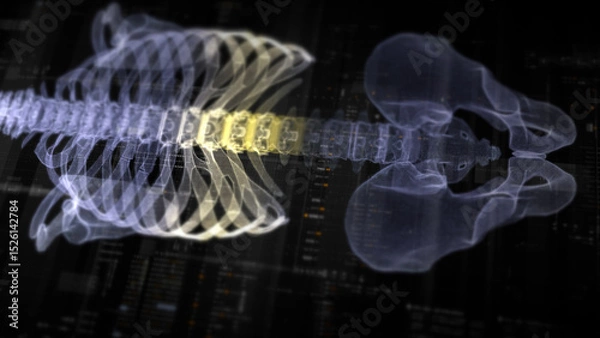 Fototapeta Futuristic biomedical concept with advanced holographic scanning and HUD diagnosing spinal disc herniation using 3D holograms of a patient’s backbone, AR, and real-time medical imaging