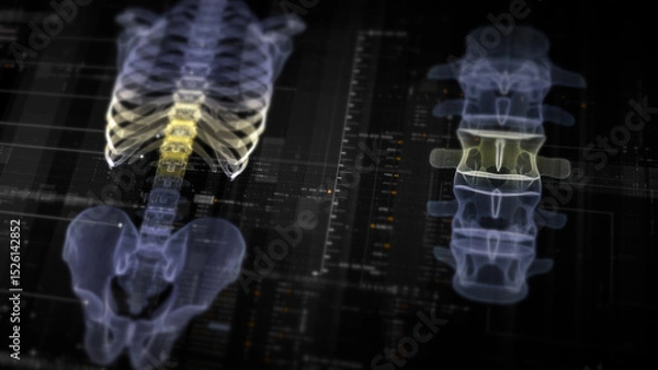 Fototapeta Futuristic biomedical concept with advanced holographic scanning and HUD diagnosing spinal disc herniation using 3D holograms of a patient’s backbone, AR, and real-time medical imaging