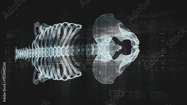 Fototapeta Futuristic biomedical concept with advanced holographic scanning and HUD diagnosing spinal disc herniation using 3D holograms of a patient’s backbone, AR, and real-time medical imaging