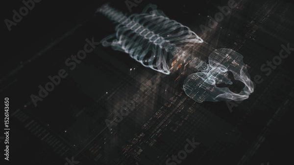 Fototapeta Futuristic biomedical concept with advanced holographic scanning and HUD diagnosing spinal disc herniation using 3D holograms of a patient’s backbone, AR, and real-time medical imaging