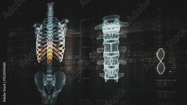 Fototapeta Futuristic biomedical concept with advanced holographic scanning and HUD diagnosing spinal disc herniation using 3D holograms of a patient’s backbone, AR, and real-time medical imaging