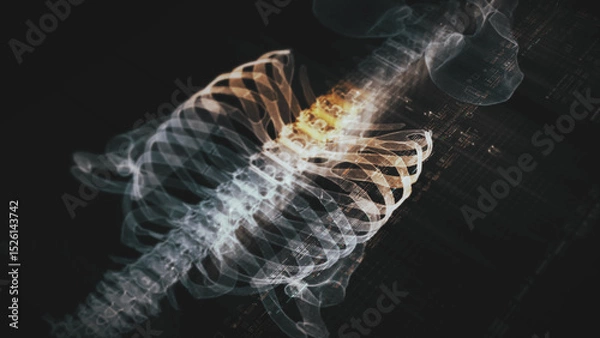 Fototapeta Futuristic biomedical concept with advanced holographic scanning and HUD diagnosing spinal disc herniation using 3D holograms of a patient’s backbone, AR, and real-time medical imaging