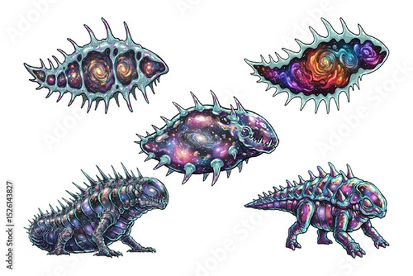 Fototapeta Space creatures visible galaxy effects within, spiky exoskeletons iridescent purple-blue-gray colors, glowing galaxy nebulae inside reptilian-like shapes cosmic otherworldly atmosphere.