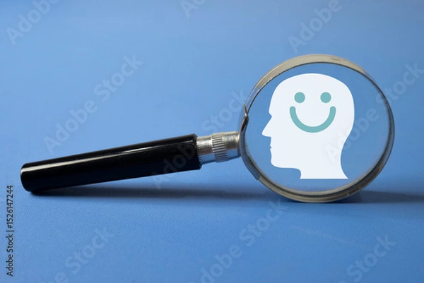 Obraz Magnifying glass focusing on a human head icon with a smiling face on blue background. Concept for mental health awareness, psychological well-being, positive thinking, emotional health.