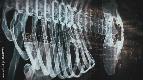 Fototapeta Futuristic biomedical concept with advanced holographic scanning and HUD diagnosing spinal disc herniation using 3D holograms of a patient’s backbone, AR, and real-time medical imaging