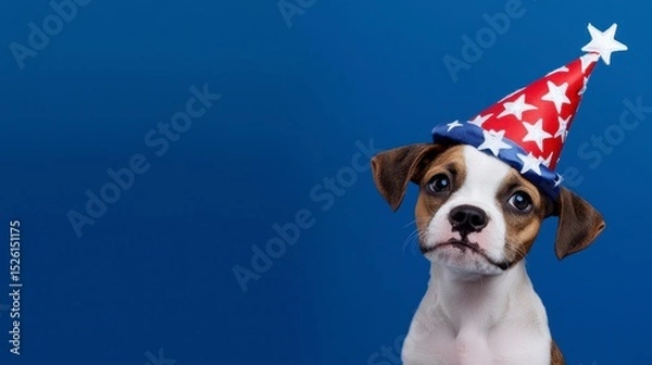 Fototapeta Cute dog Dress in a 4th of July Hat with Space for Copy. Adorable canine model wearing patriotic headwear provides ample room for promotional .