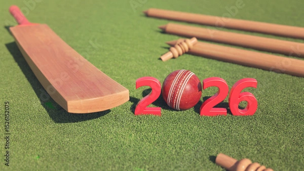 Fototapeta New Year 2026 Creative Design Concept with cricket game equipments - 3D Rendered Image