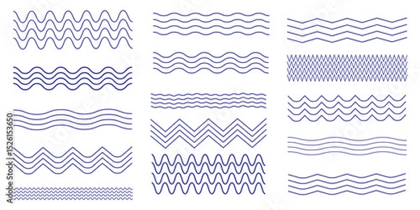 Fototapeta Set of corrugated blue waves, line flat vector wriggle decoration, vawes line set