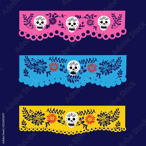 Fototapeta Mexican papel picado frame border set -  rectangular  with flowers and leaves, arch design with skull patterns for dia de muertos celebrations.