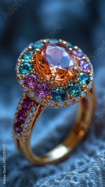 Obraz Exquisite gemstone ring with multicolored gems on a blue velvet background.