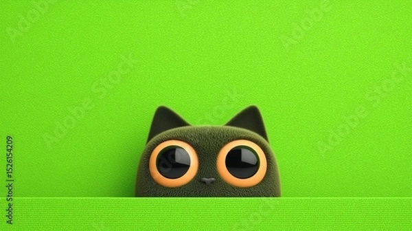 Fototapeta Curious Black Cat Peeking Over Green Surface
