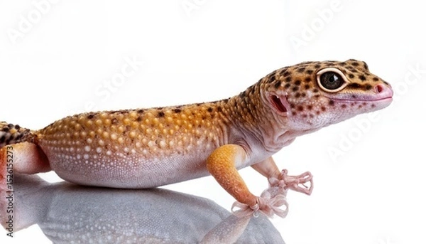 Fototapeta Isolated Fattailed Gecko on White Background Striking Leopard Gecko Lizard Eublepharis macularius Showcasing Unique Patterns and Vibrant Colors, Perfect for Digital Art, Home Decor, or Design