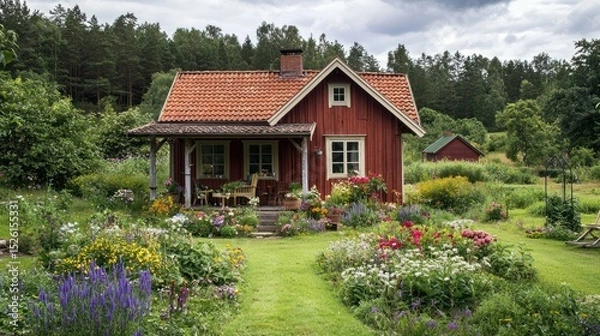 Fototapeta A quaint, red-roofed cottage with a garden in front, surrounded by lush greenery and a cloudy sky in the background.